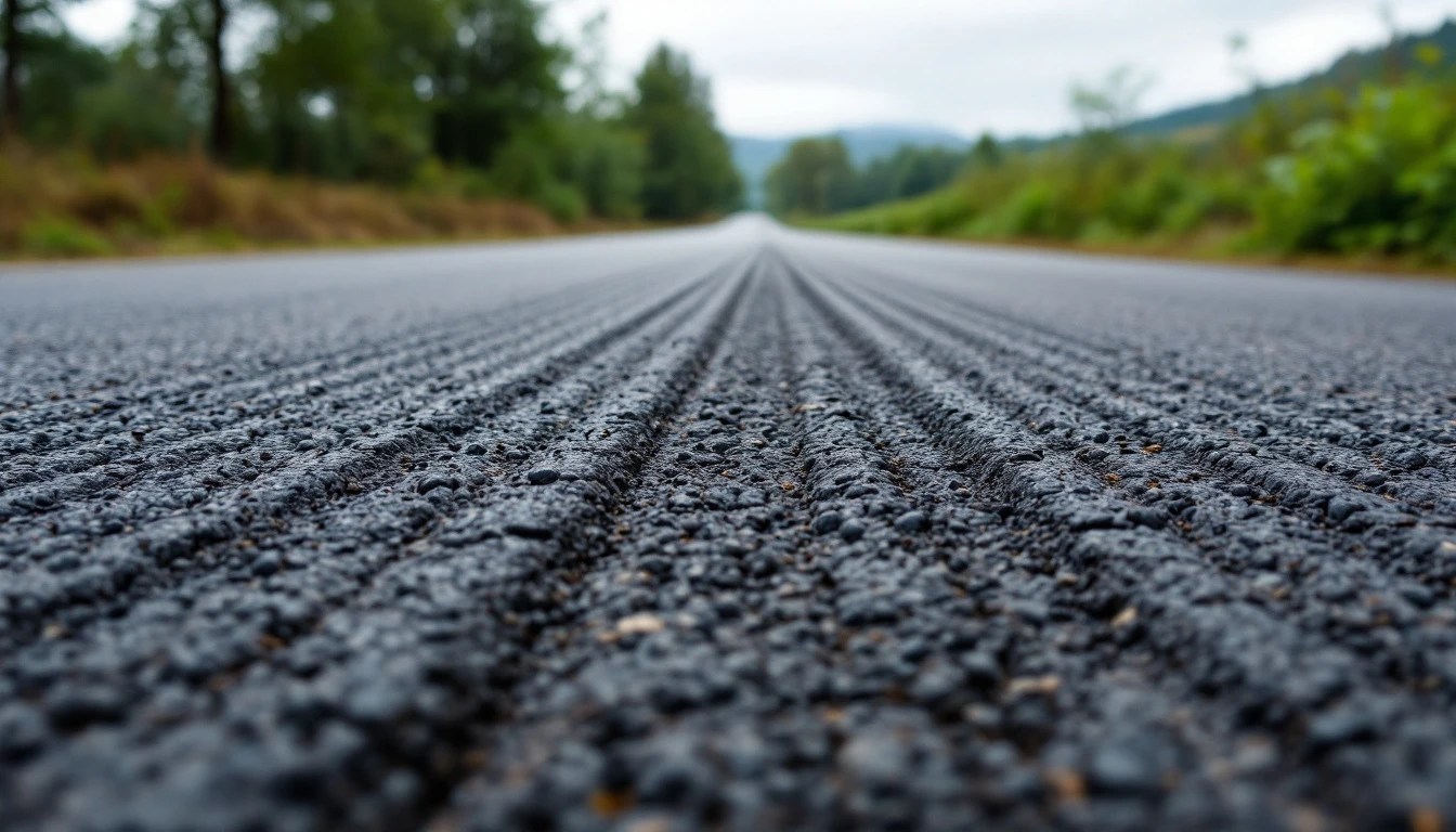 Milled asphalt lane with grooved texture stretching into open fields