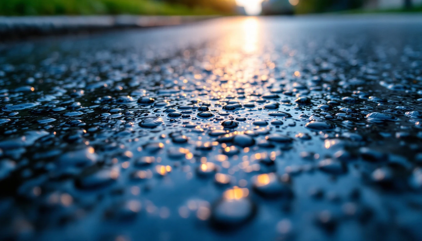 Glossy sealed asphalt beading rainwater and reflecting the sky