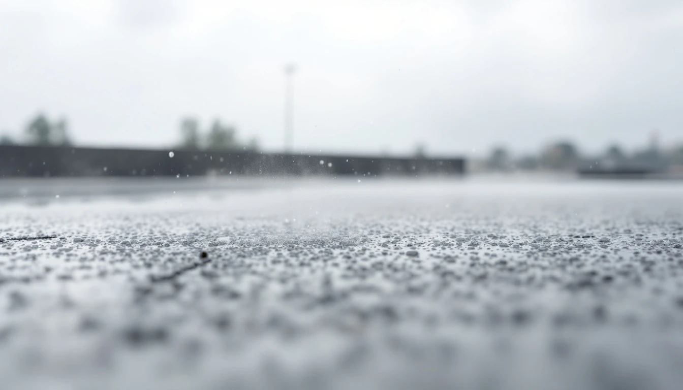 Misted fresh concrete slab curing under gray skies