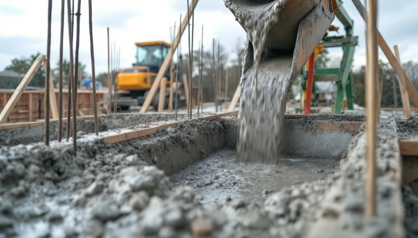 Mixer chute pouring wet concrete between staked wooden forms