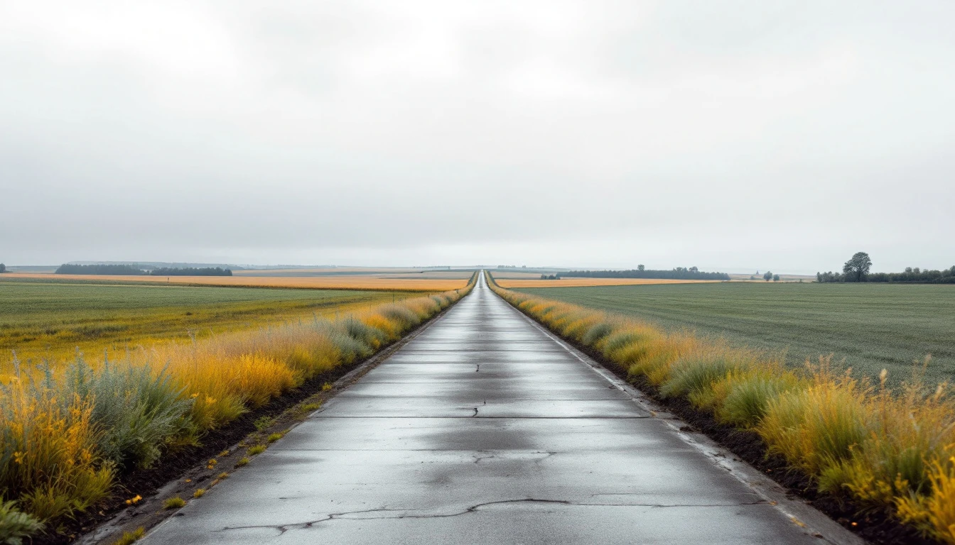 Modest broomed concrete lane running toward open pasture under a flat sky