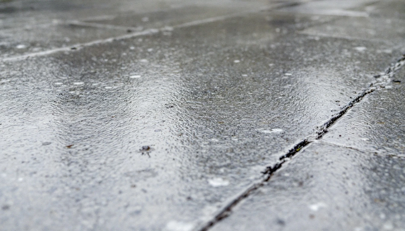 Sealed concrete surface holding a soft sheen after rainfall