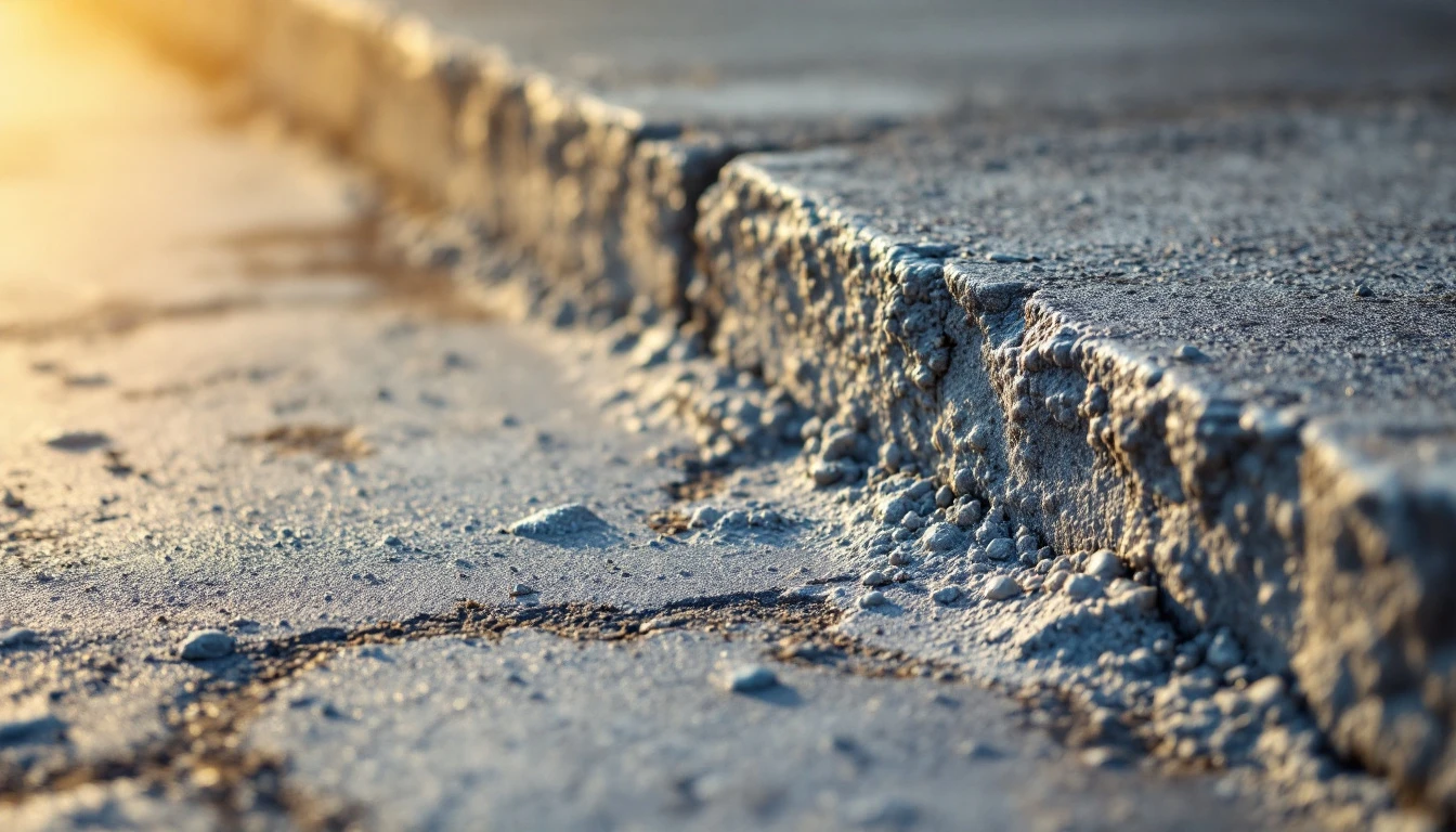Gray mortar patch butted against a weathered concrete slab edge