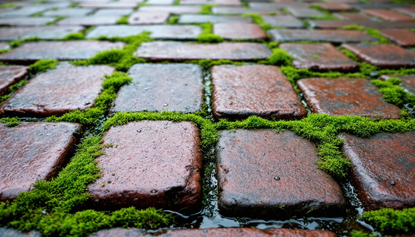 Green moss filling the joints between weathered brick pavers