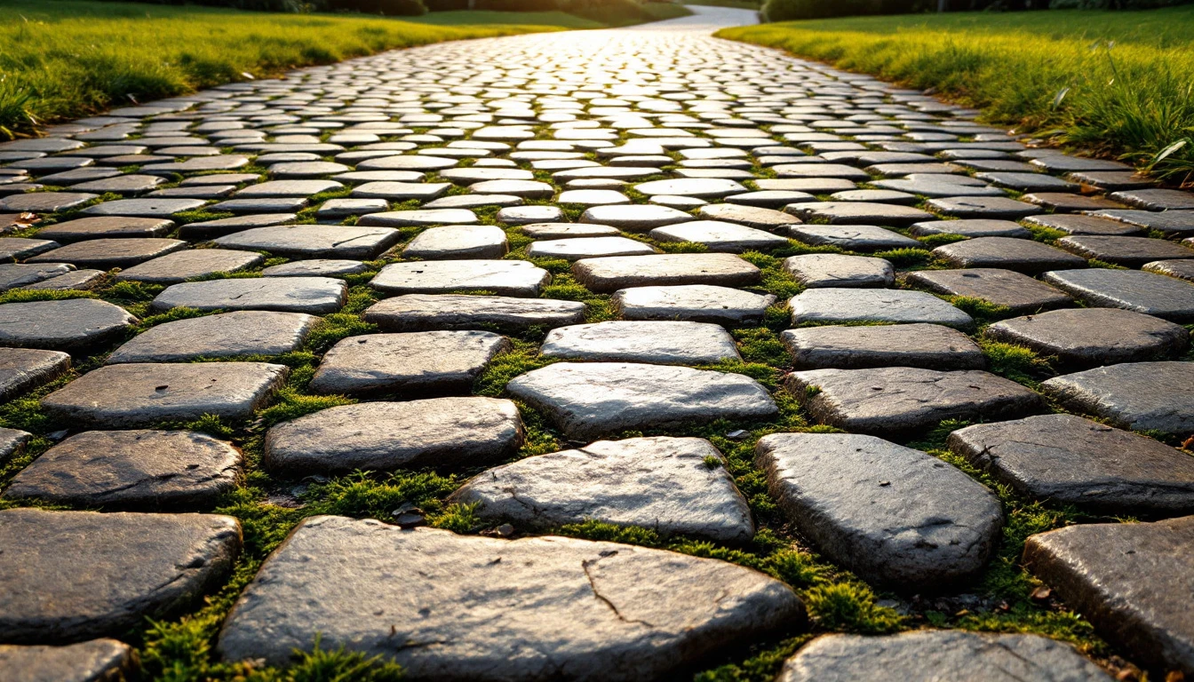 Weathered cobblestone driveway with mossy joints in warm evening light
