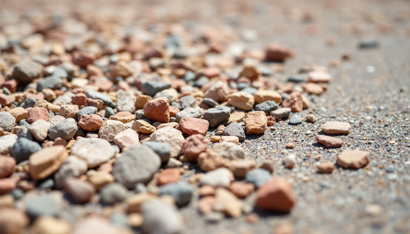 Exposed aggregate concrete showing mixed red tan and gray stones