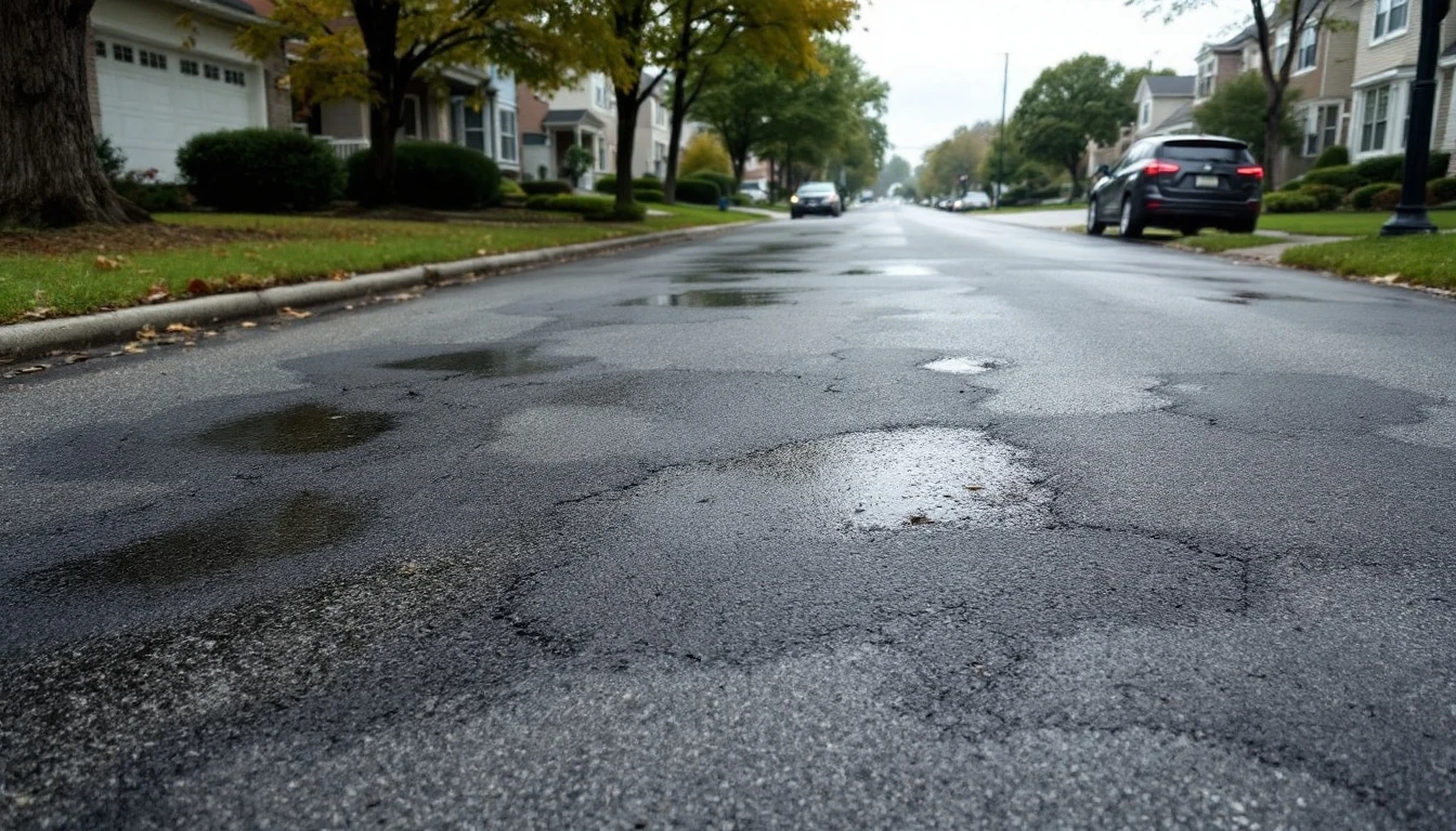 Several dark repair patches across a weathered asphalt surface