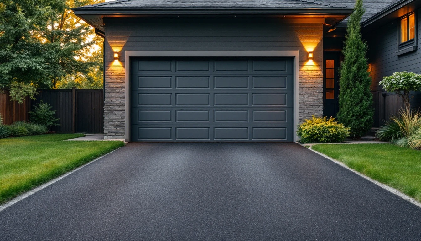 Neat asphalt drive leading up to a gray garage door