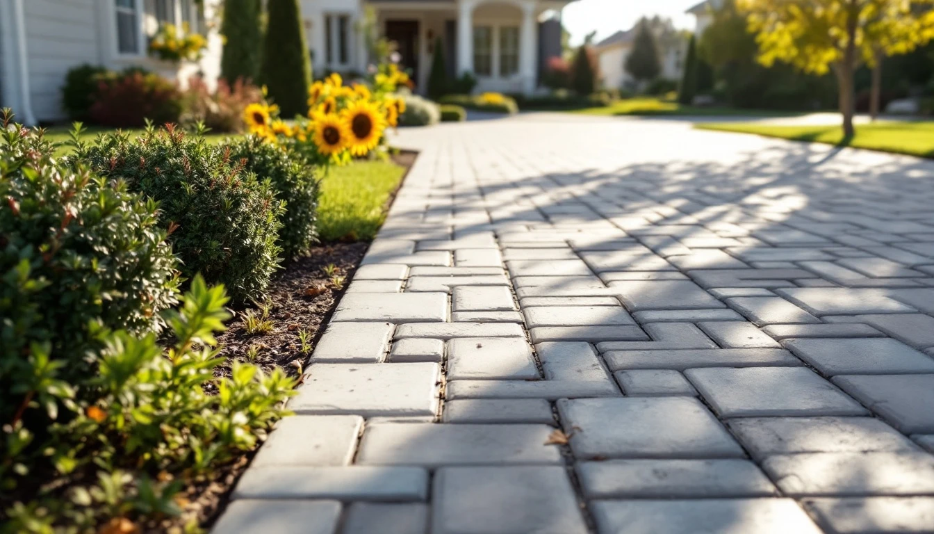 Elevated view of a neat interlocking paver driveway in bright midday light