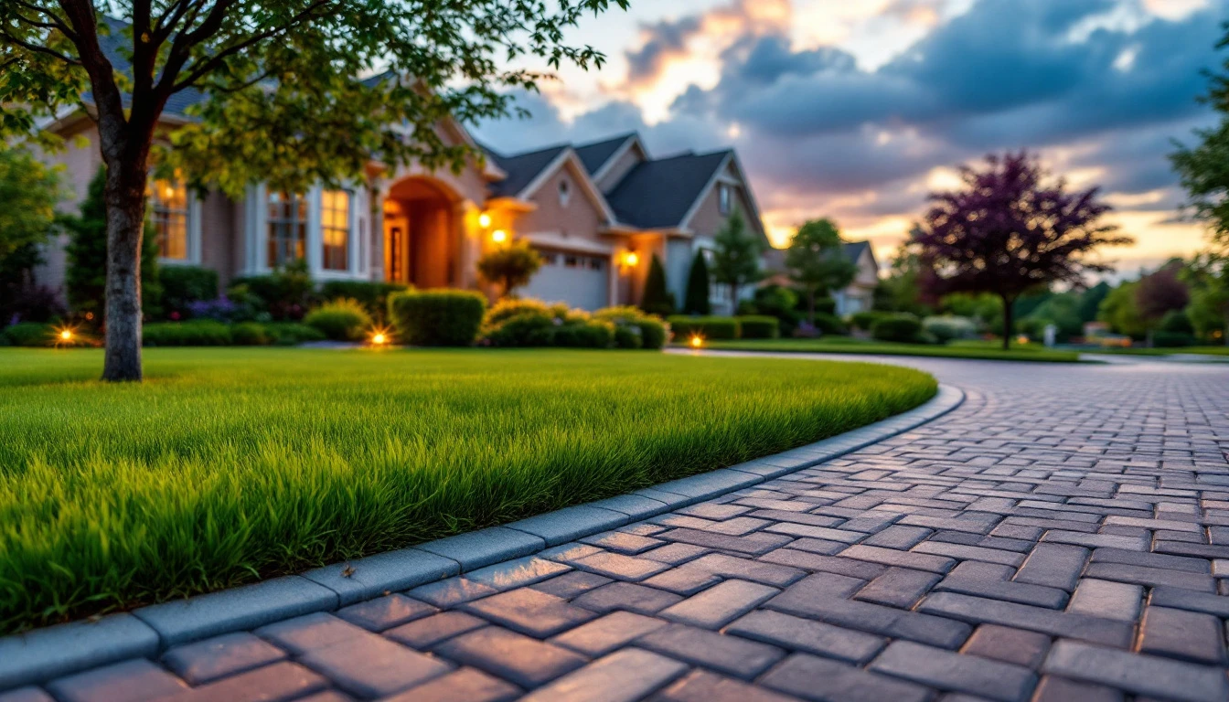 Neat interlocking paver drive with trimmed lawn at dusk