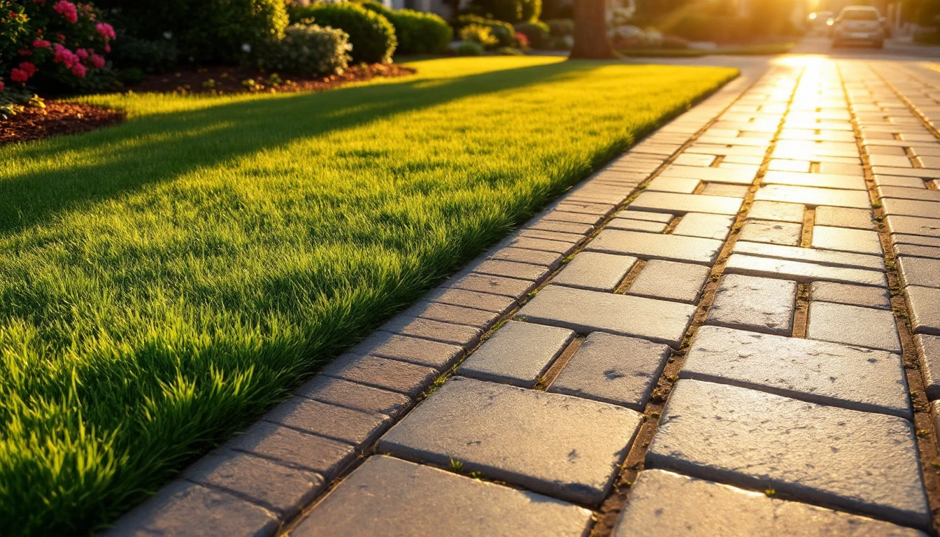 Neatly sealed pavers in tidy rows beside a trimmed lawn