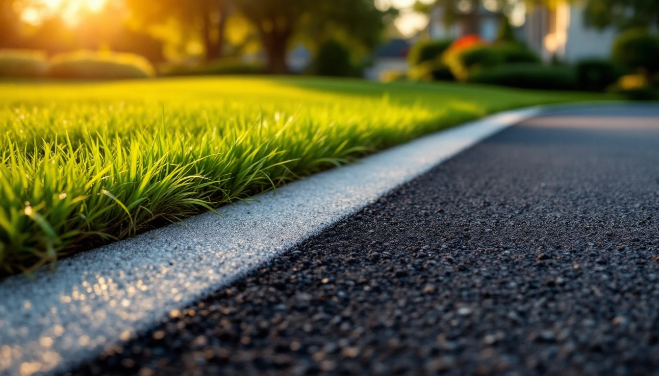New asphalt strip with a crisp edge along a mowed lawn