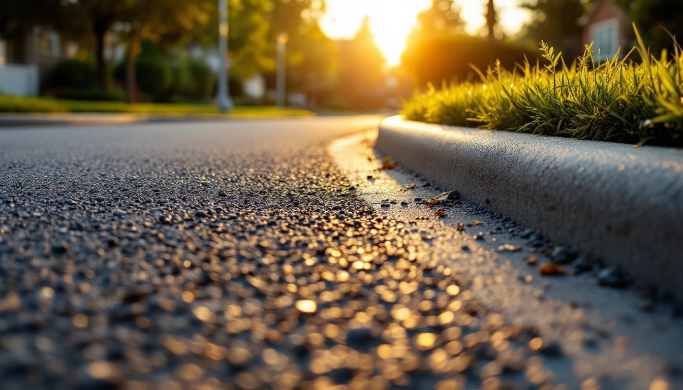 New asphalt apron sloping toward a concrete curb in warm light