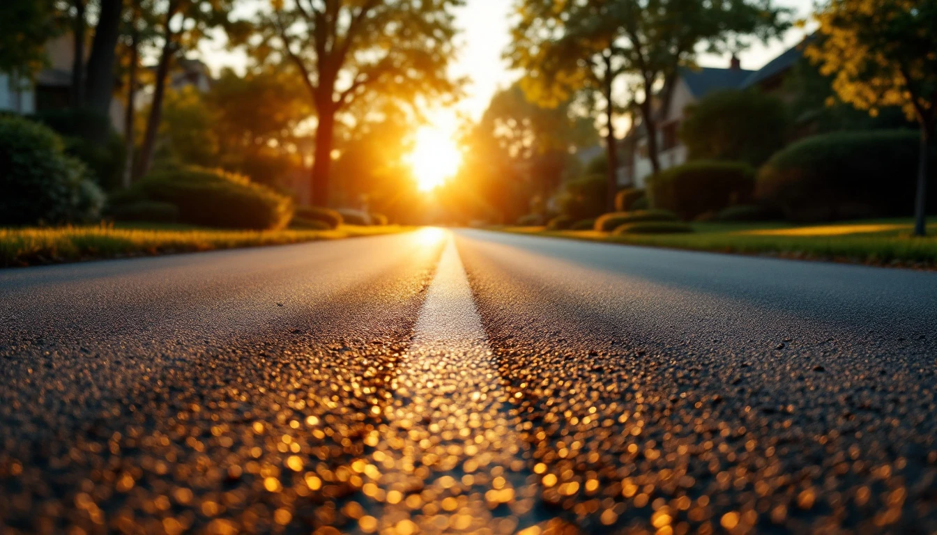 Smooth new asphalt driveway glowing in warm evening light