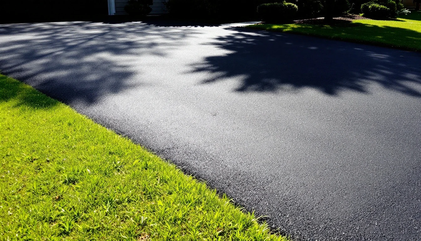 New blacktop driveway beside a trimmed lawn in bright midday sun