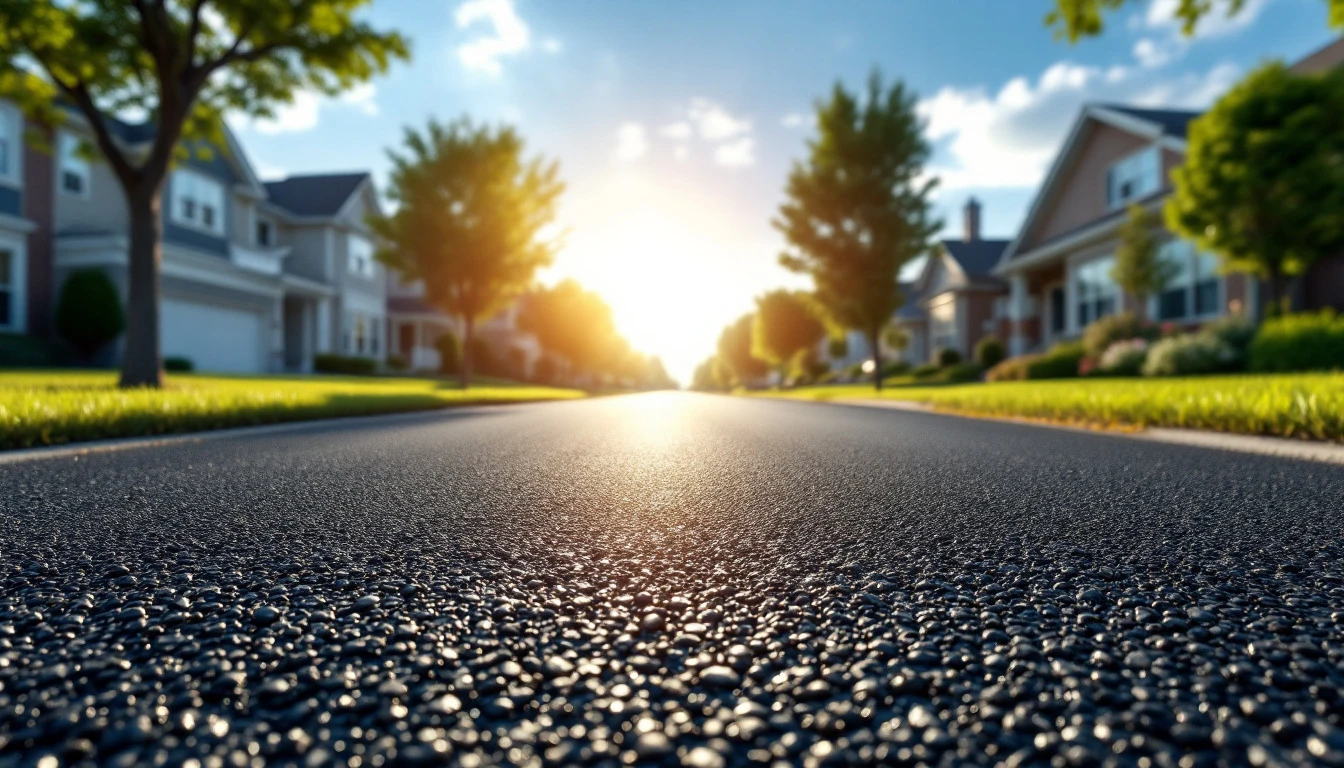 Fresh black asphalt frontage glaring under harsh midday sun