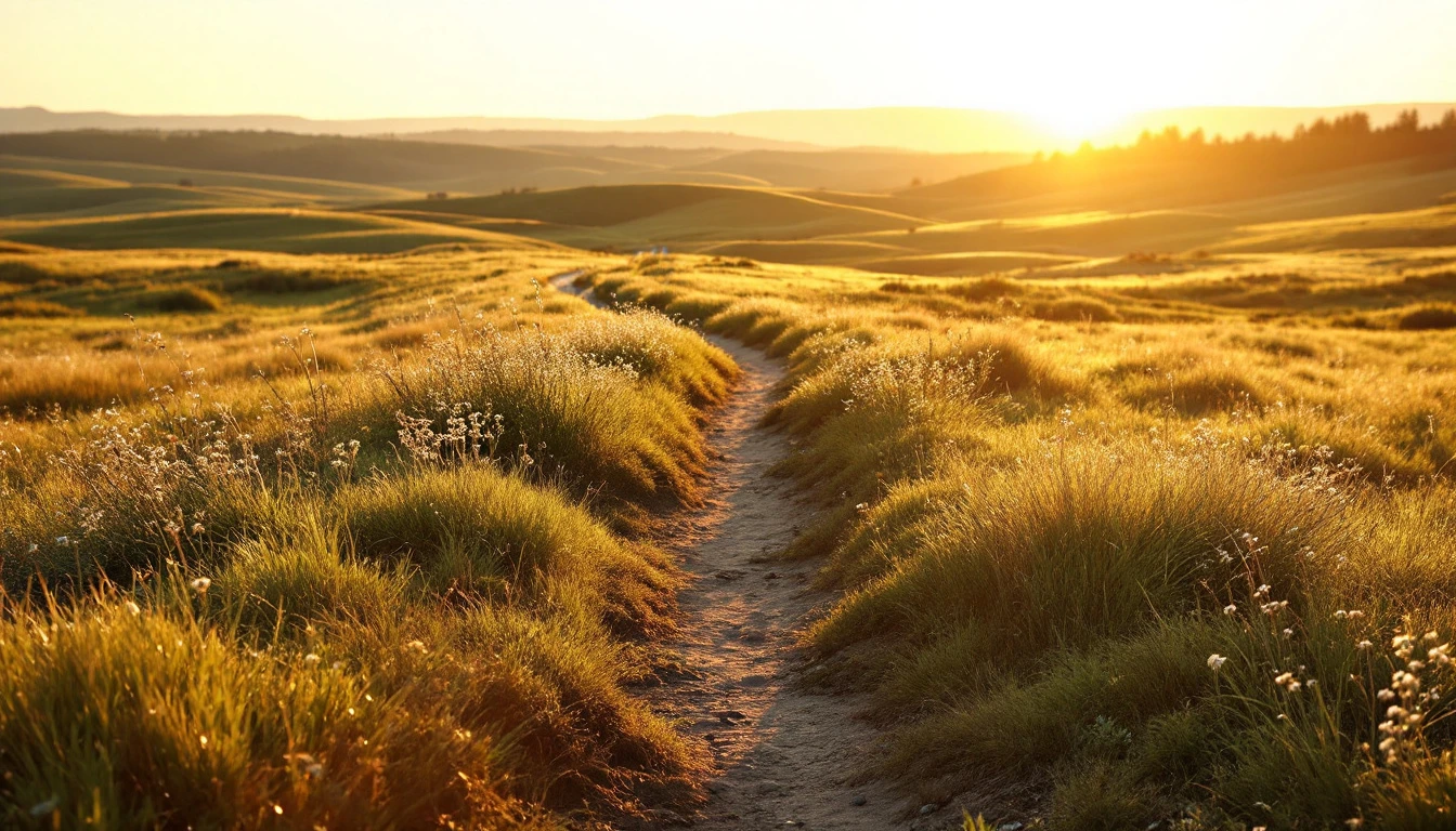 Fresh chip seal approach crossing open grassland in warm evening light