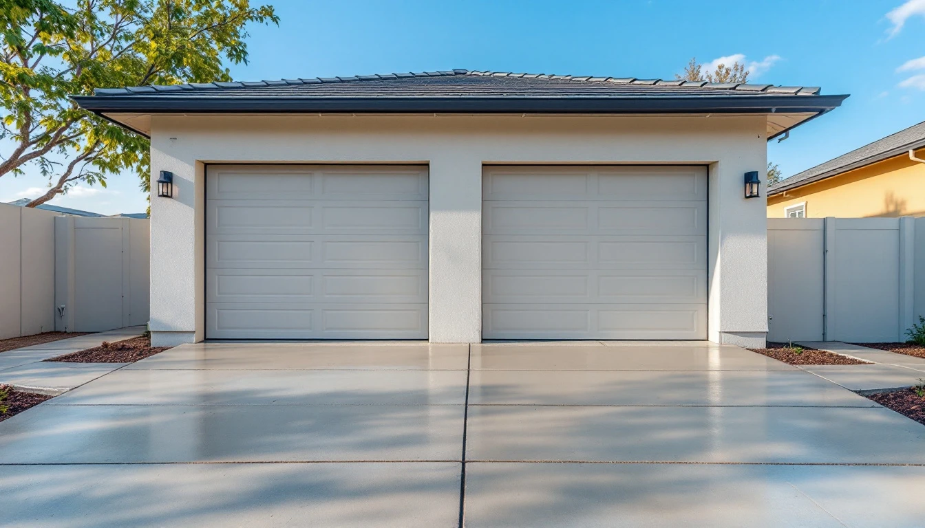 New concrete drive leading to a pair of closed garage doors