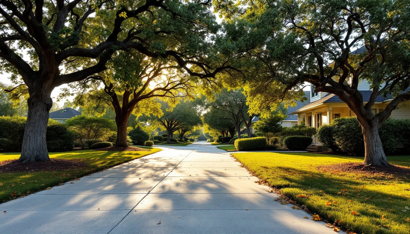 Fresh concrete drive shaded by overhanging tree branches at dusk