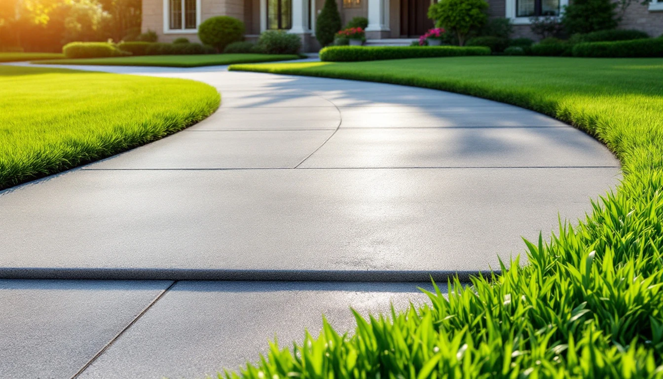 Newly poured concrete drive with crisp lawn edges in bright sun