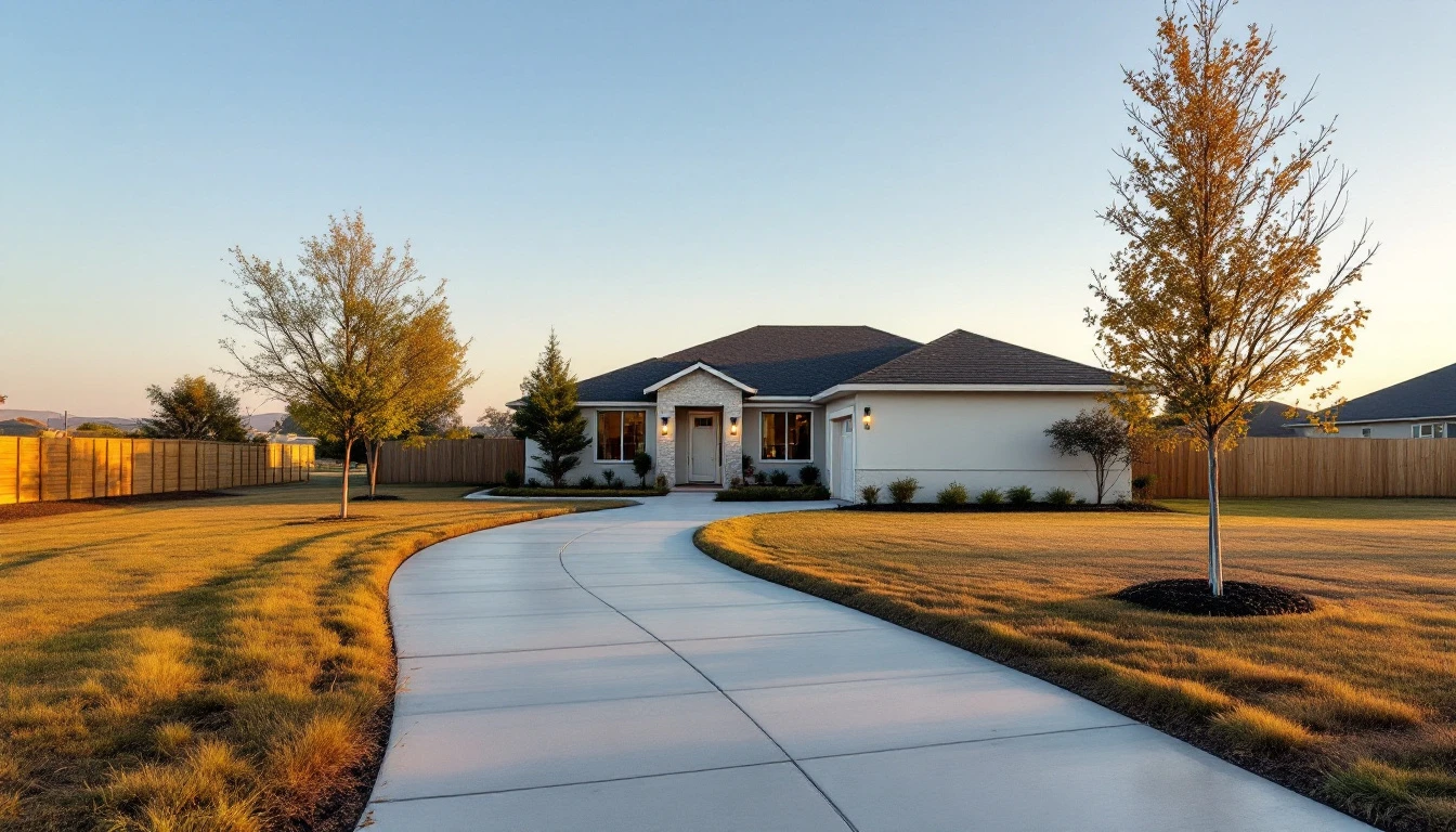 New concrete drive curving toward a modest single story home