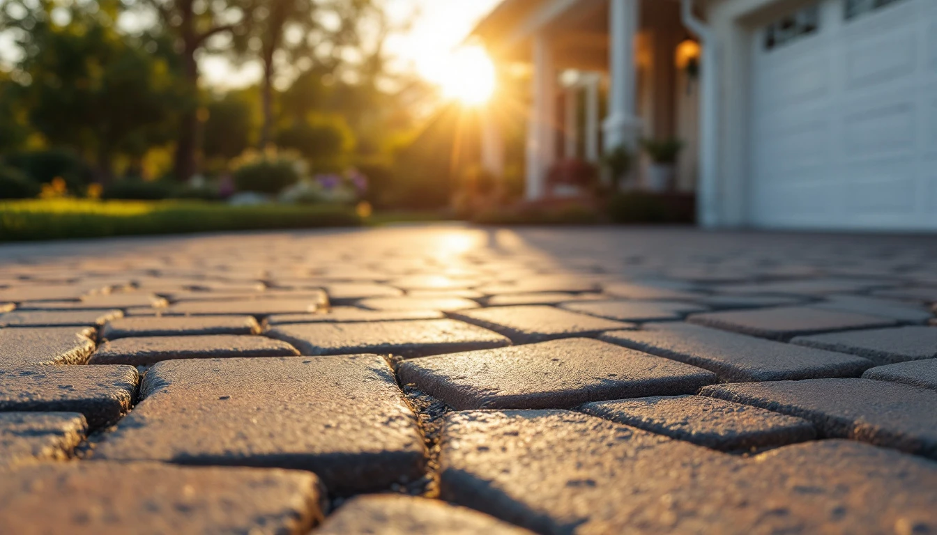 New interlocking paver driveway catching warm light in front of a home