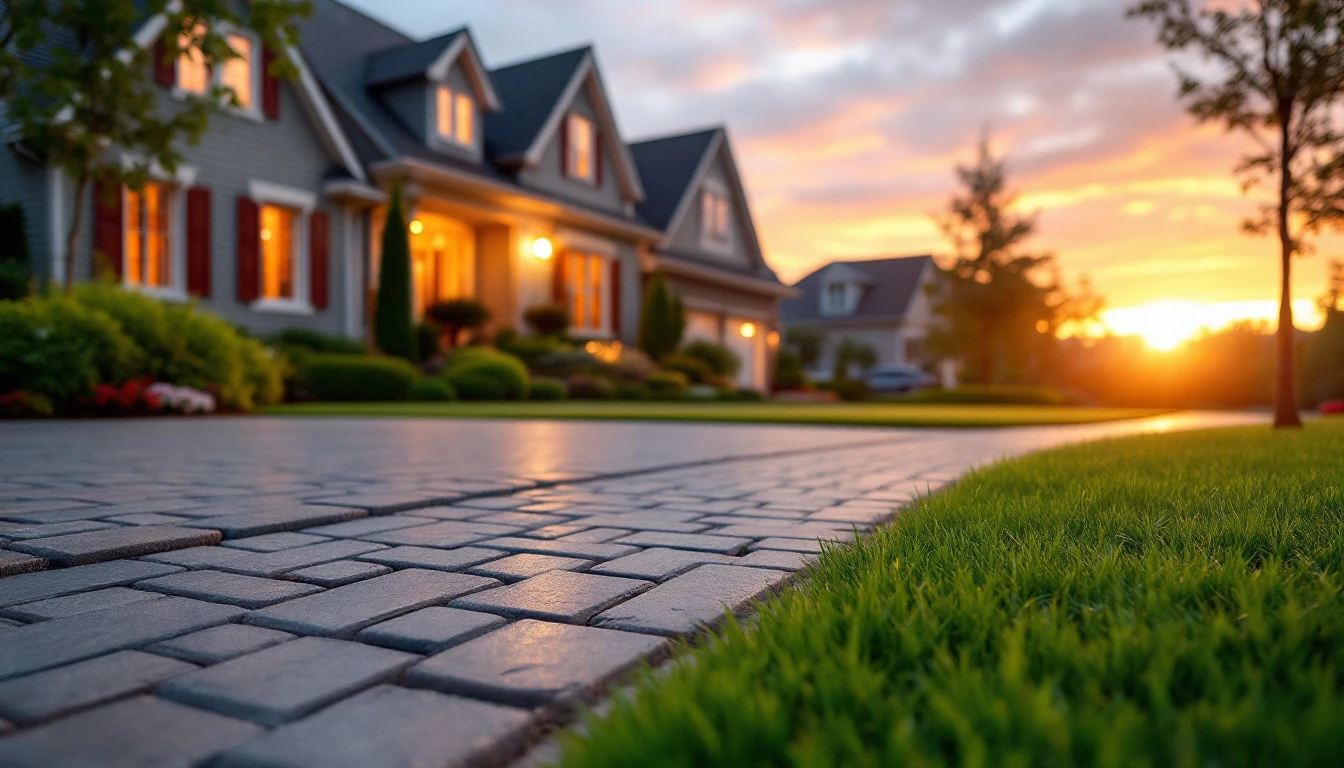 Newly laid paver drive edged with lawn in warm evening light