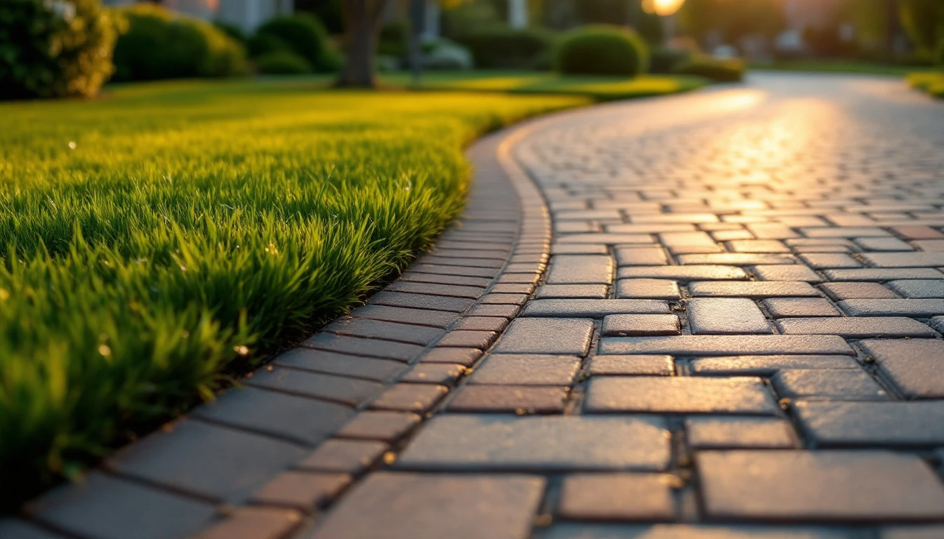 New interlocking paver driveway bordered by a tidy green lawn
