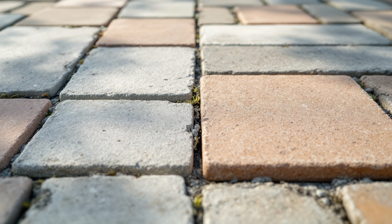 Fresh paving stones laid beside weathered units to check tone match