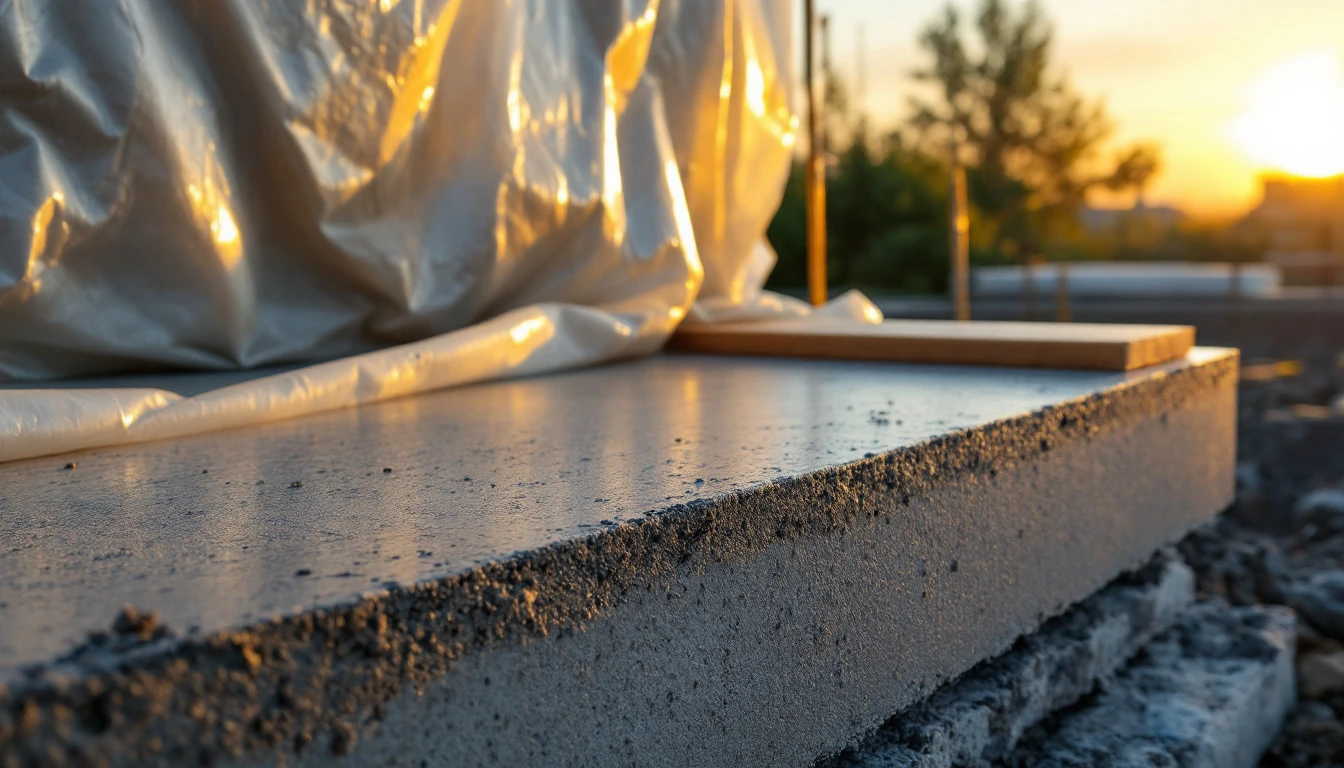 New concrete slab curing under plastic sheeting in evening light