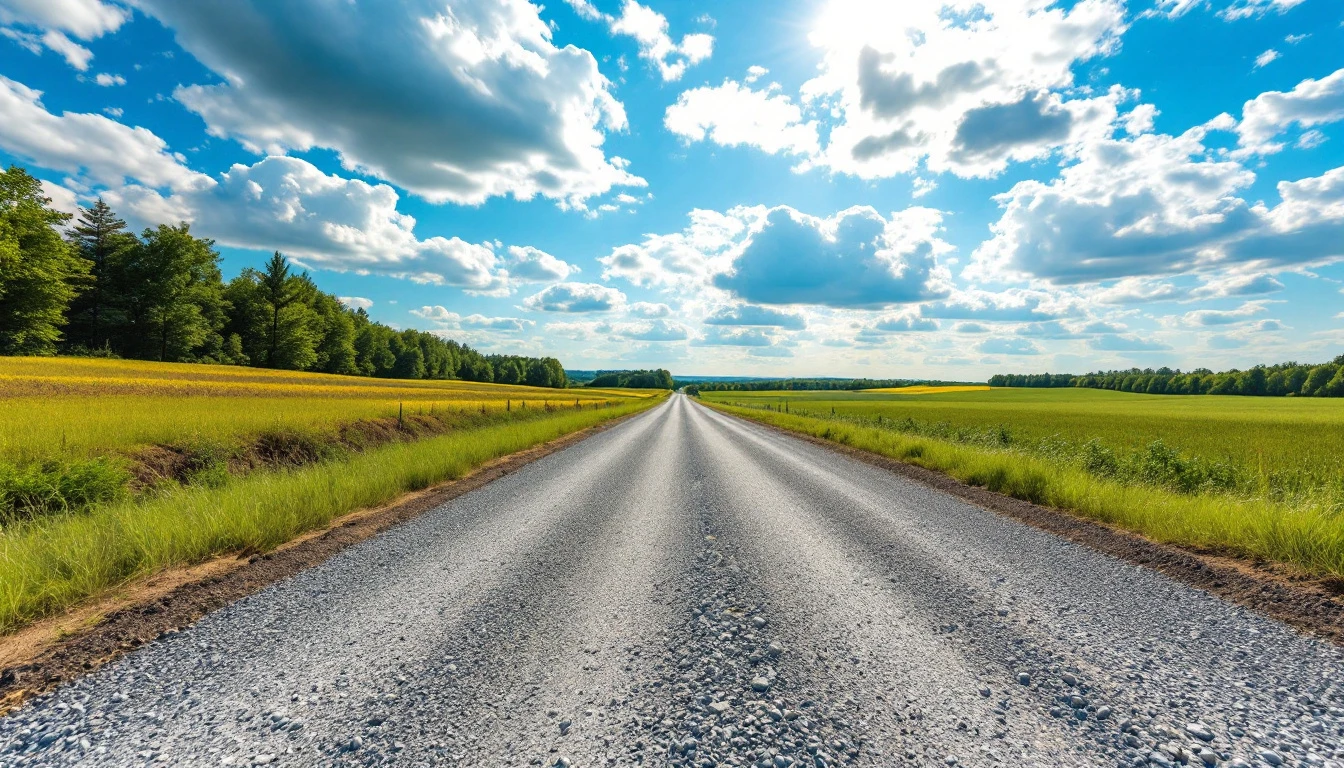 Newly graded gravel lane stretching straight beneath a wide midday sky