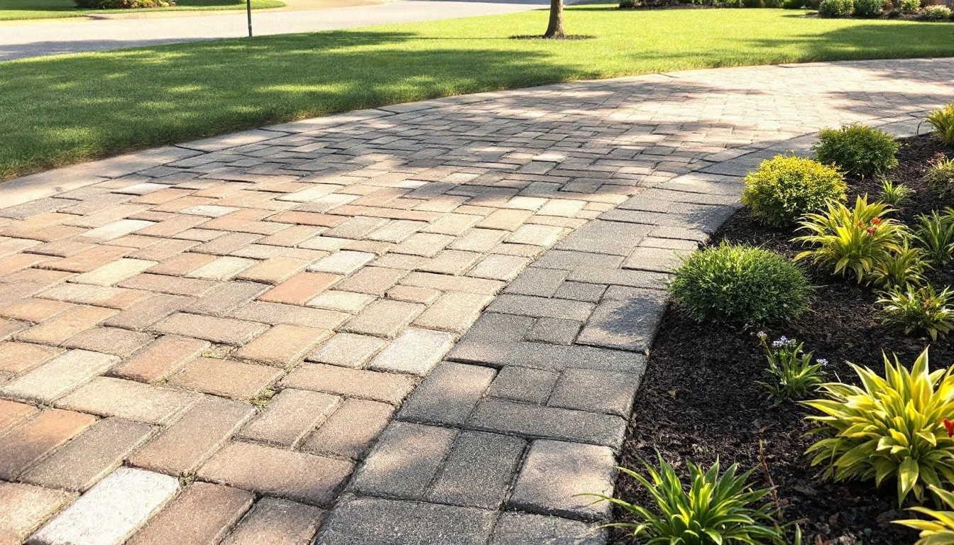Paver driveway with freshly sanded joints beside trimmed lawn