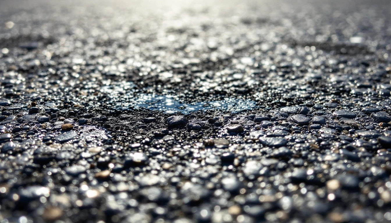 Faded asphalt surface marked with dark oil spots under bright sun