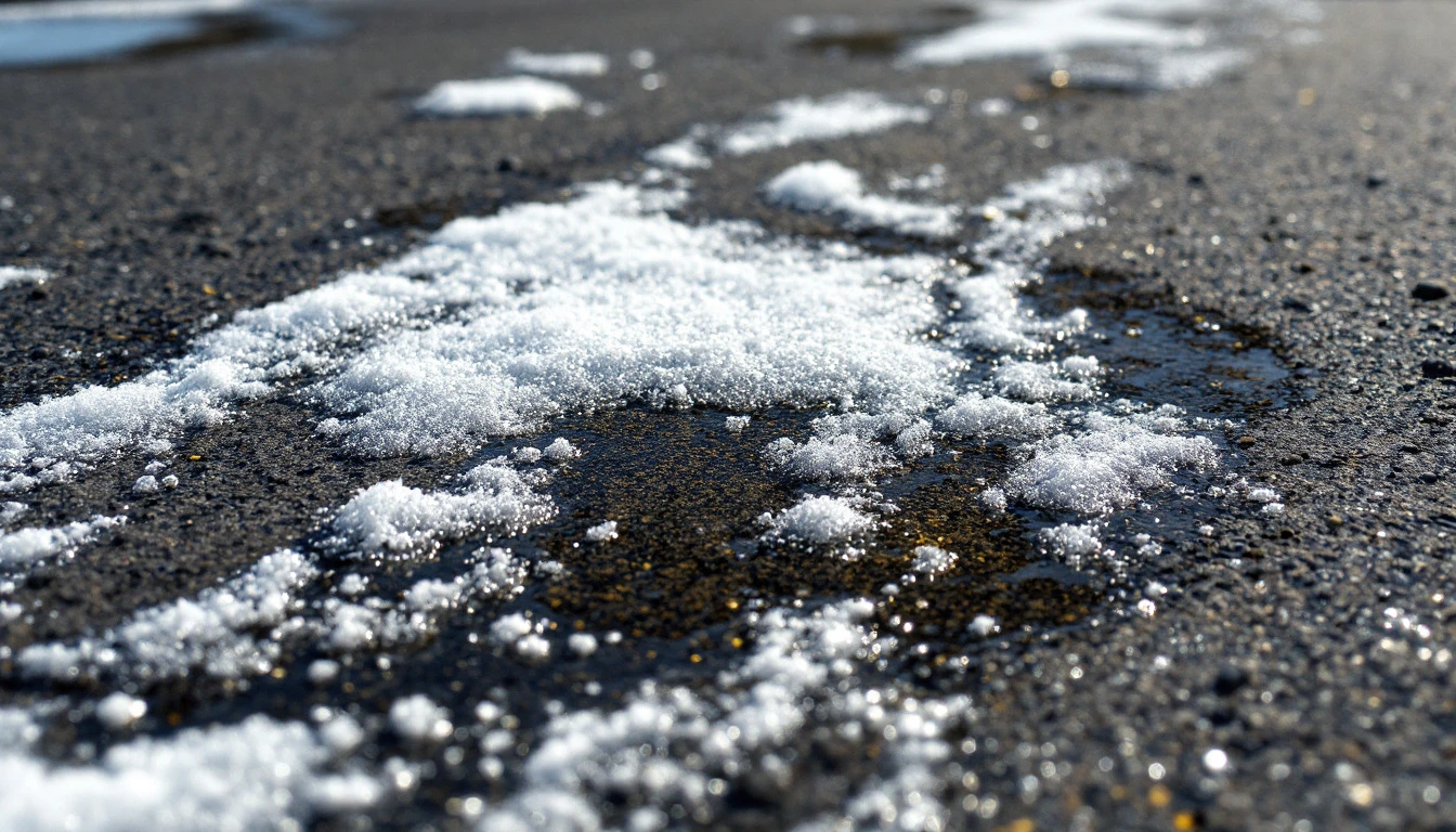 Dark oil stains and salt residue on weathered asphalt at midday