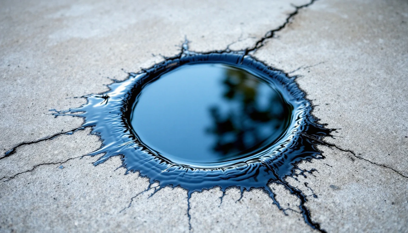 Dark oil ring soaking into a pale concrete driveway surface