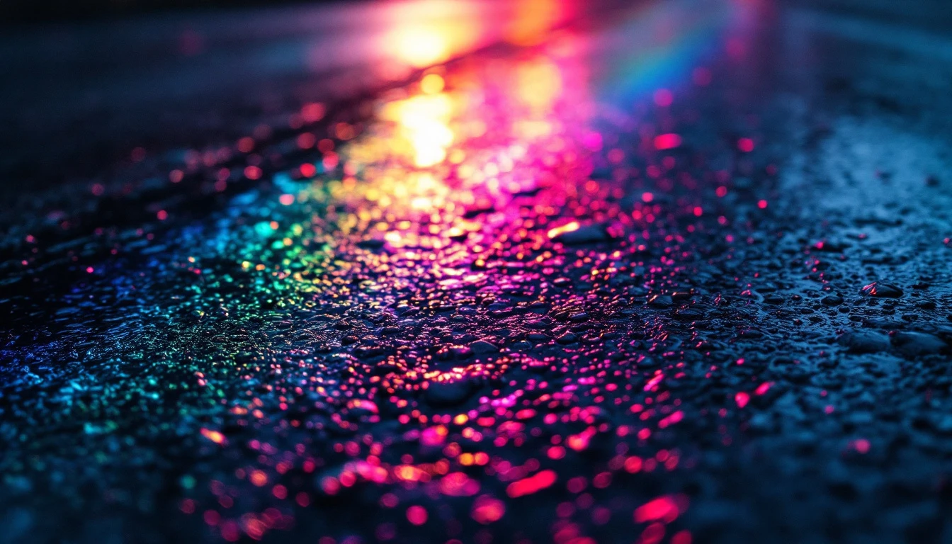 Oily rainbow sheen spreading across rain wet asphalt pavement