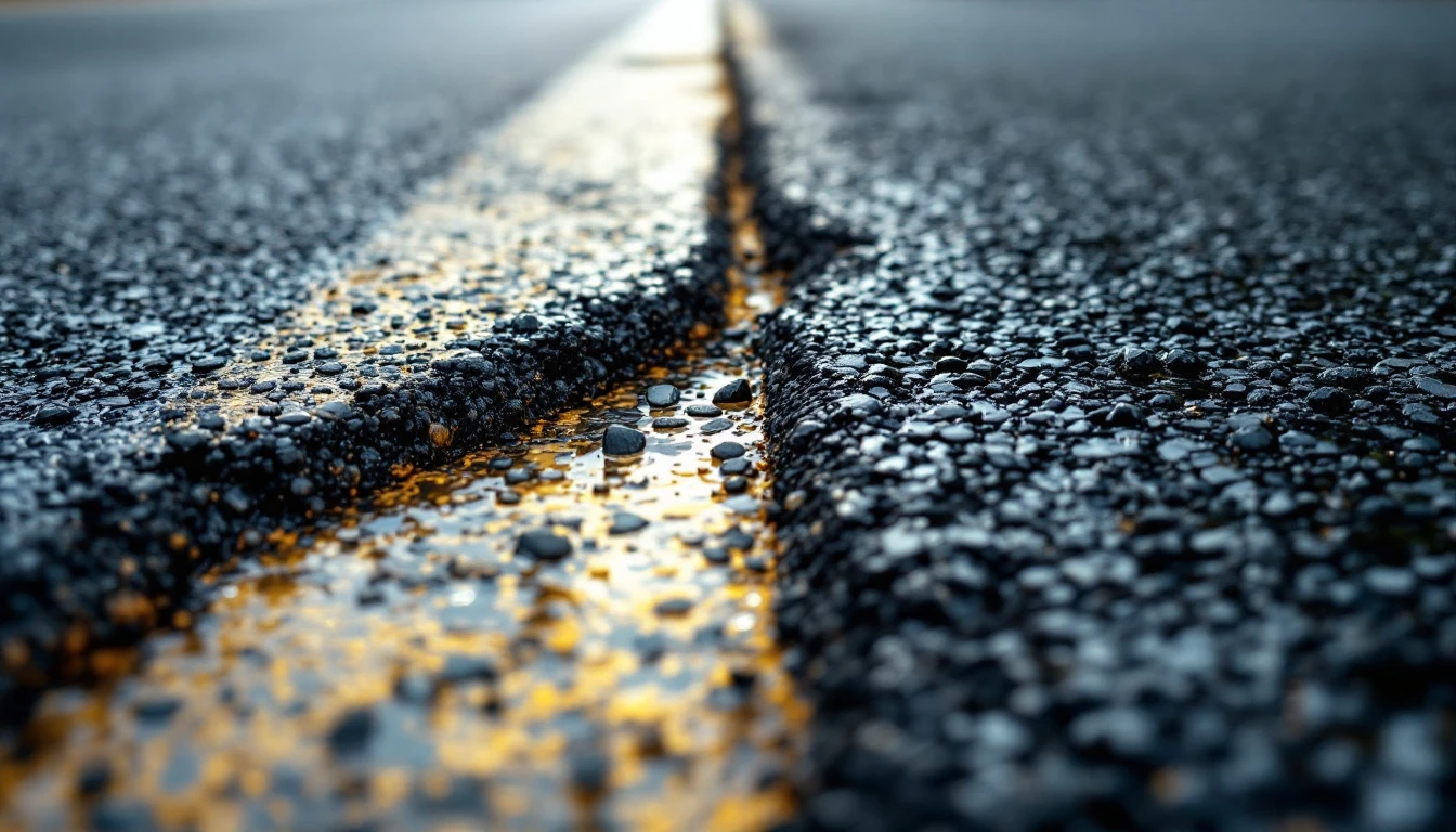 Joint where new asphalt meets older pavement after a rain