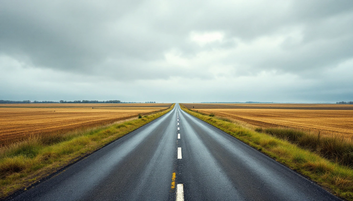 Older sealed asphalt lane with intact surface under overcast sky