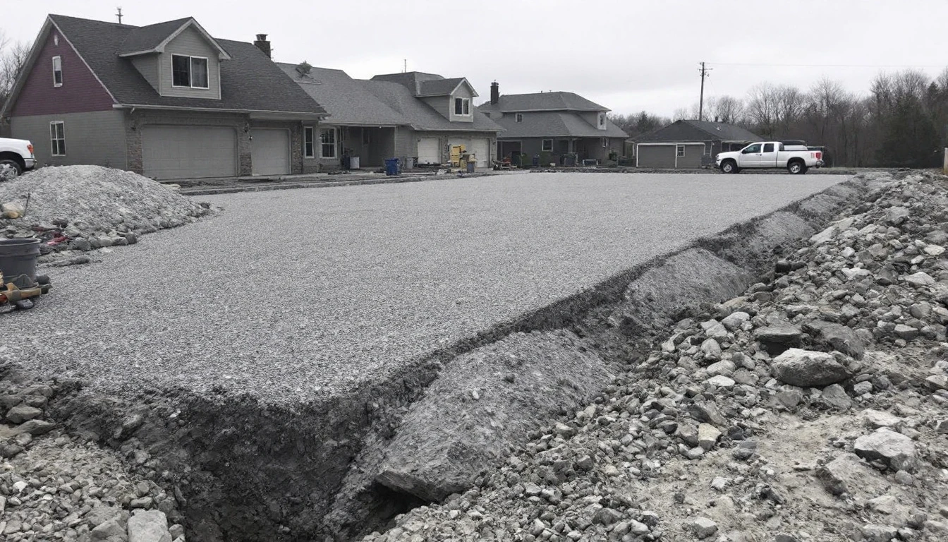 Open graded gravel drainage base raked level before paving