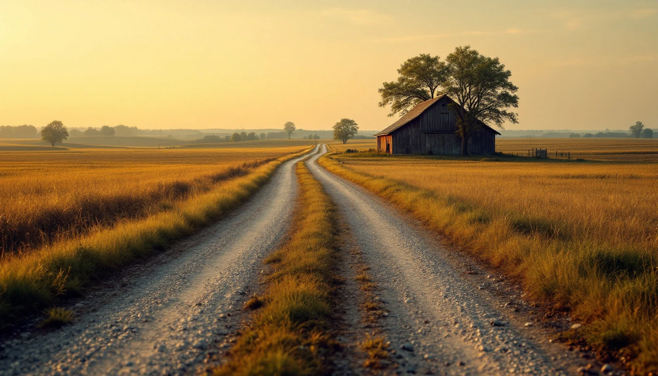 Gravel drive crossing open grassland toward a distant barn