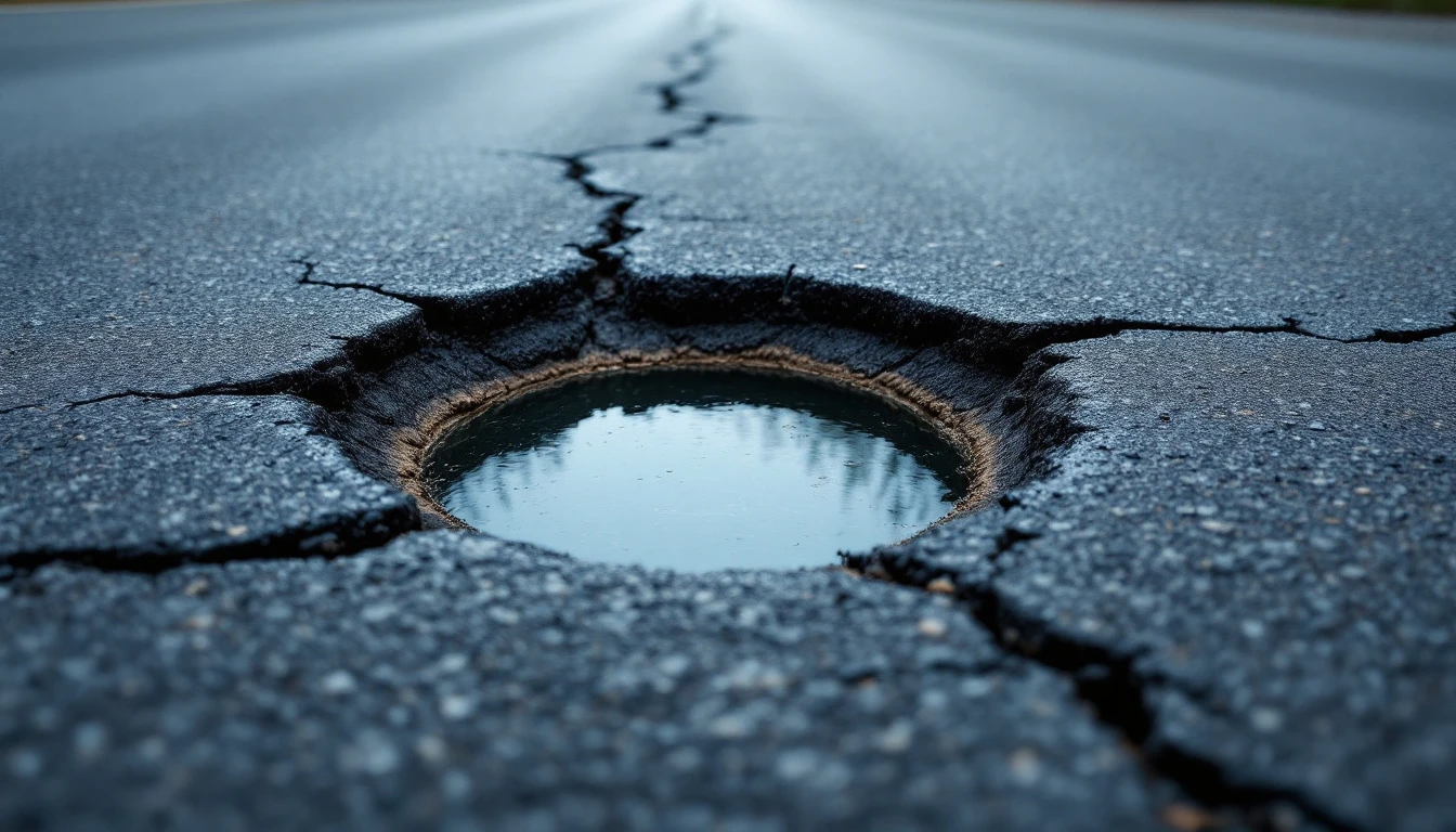 Open pothole with broken edges in a weathered asphalt drive