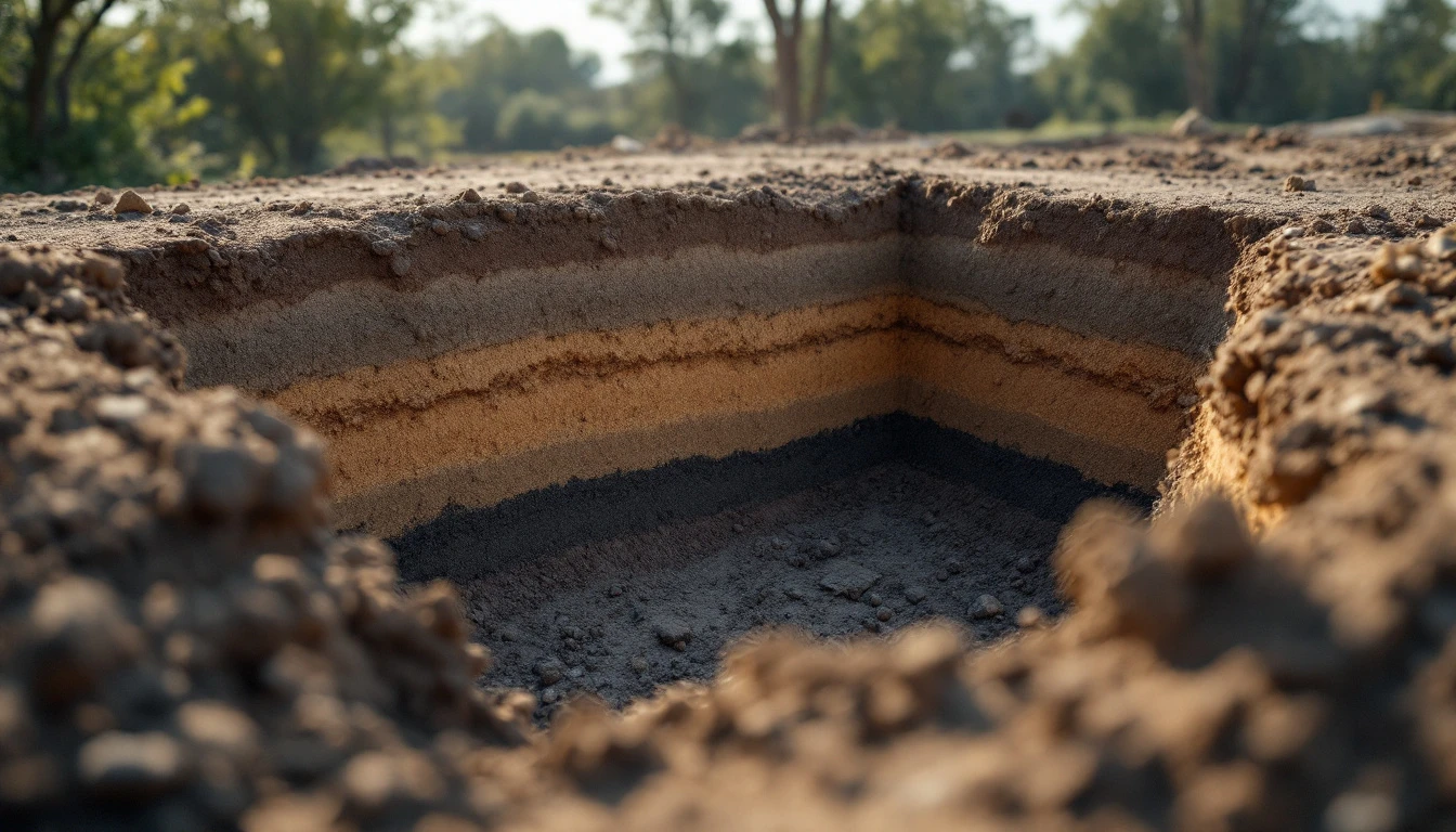 Open test pit exposing layered soil beside a planned drive route