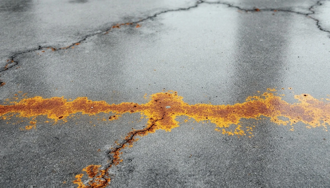 Orange rust streaks bleeding across a gray concrete driveway surface