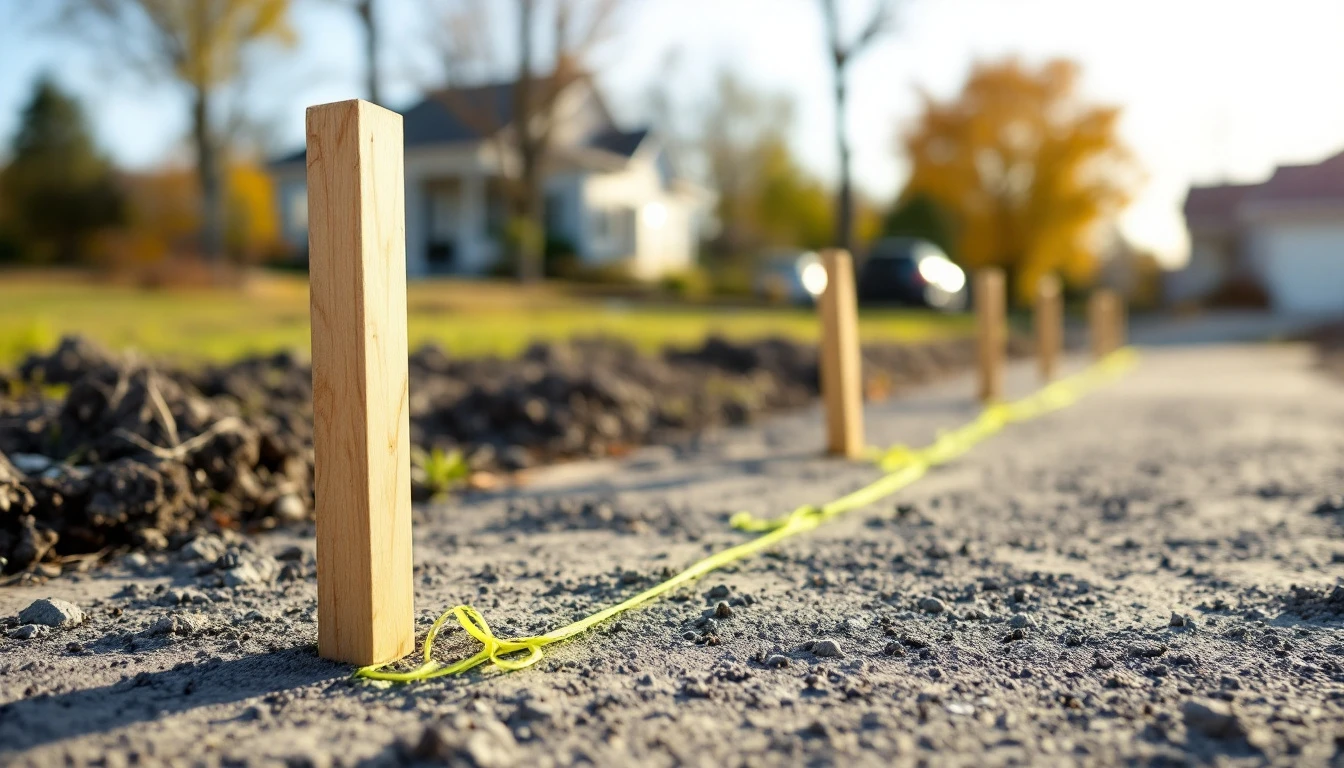 Wooden stakes and bright string marking a planned driveway outline