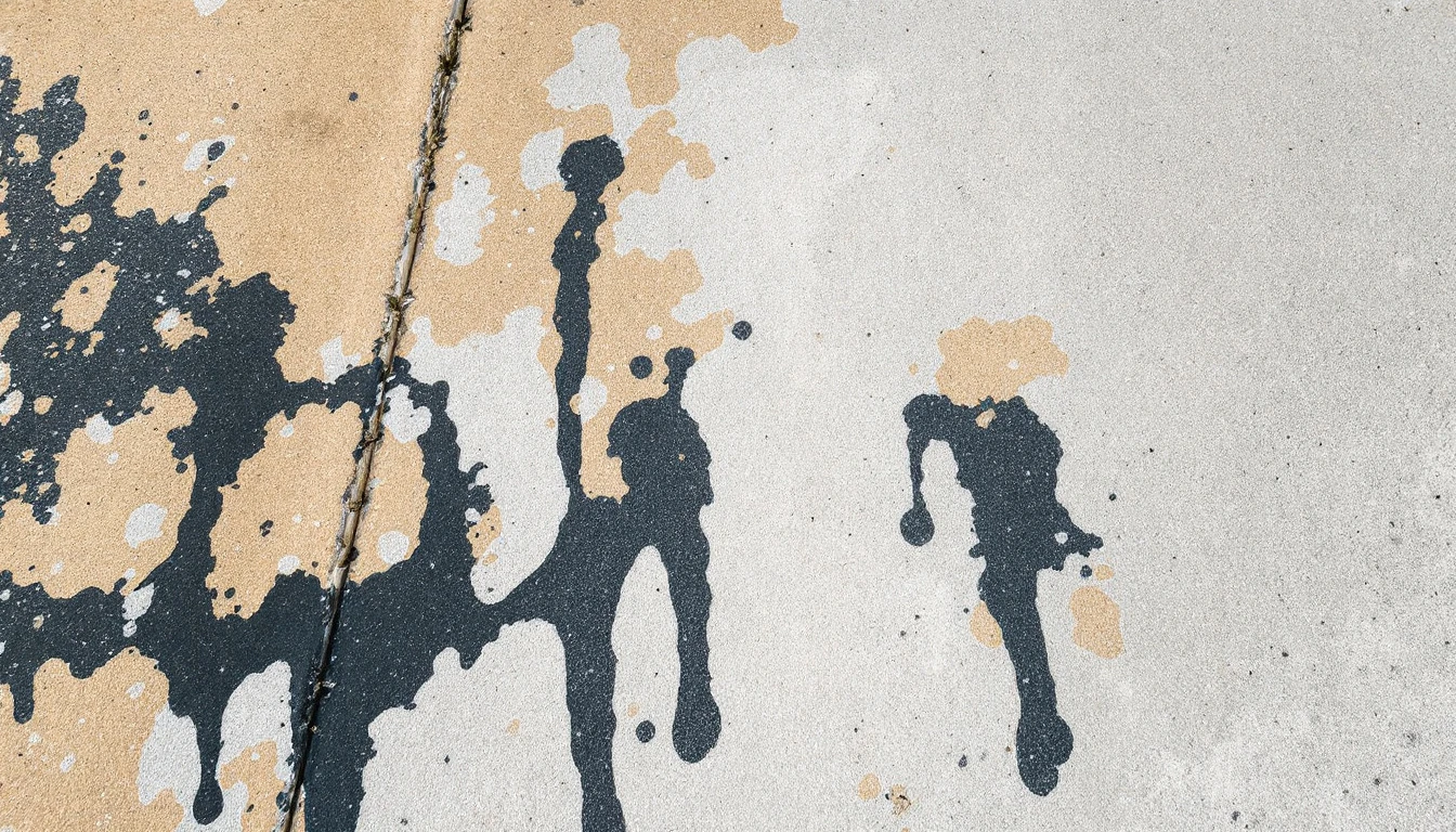 Dried paint drips spattered across a weathered concrete driveway slab