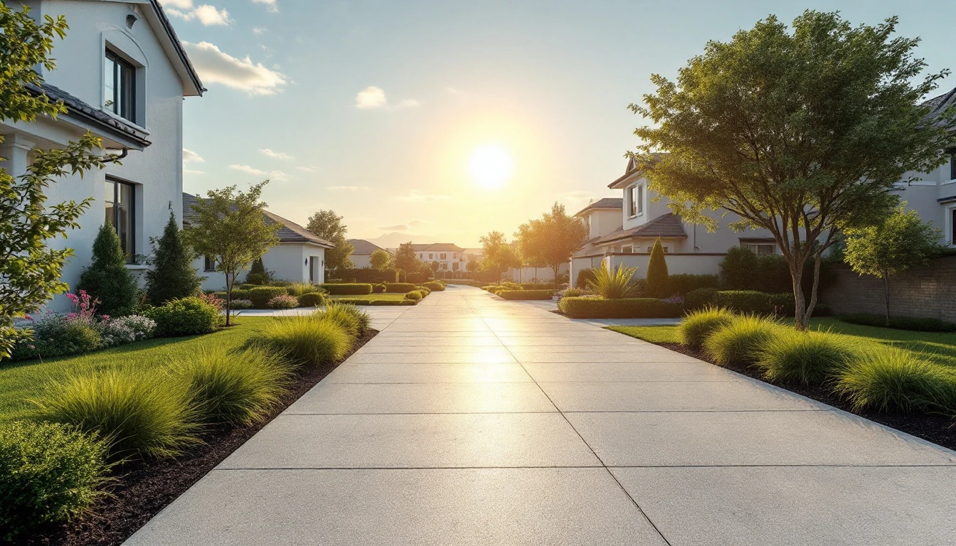 Pale broomed concrete drive under harsh bright midday sun