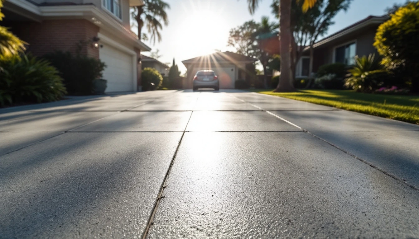 Pale new concrete driveway glaring under a relentless midday sun