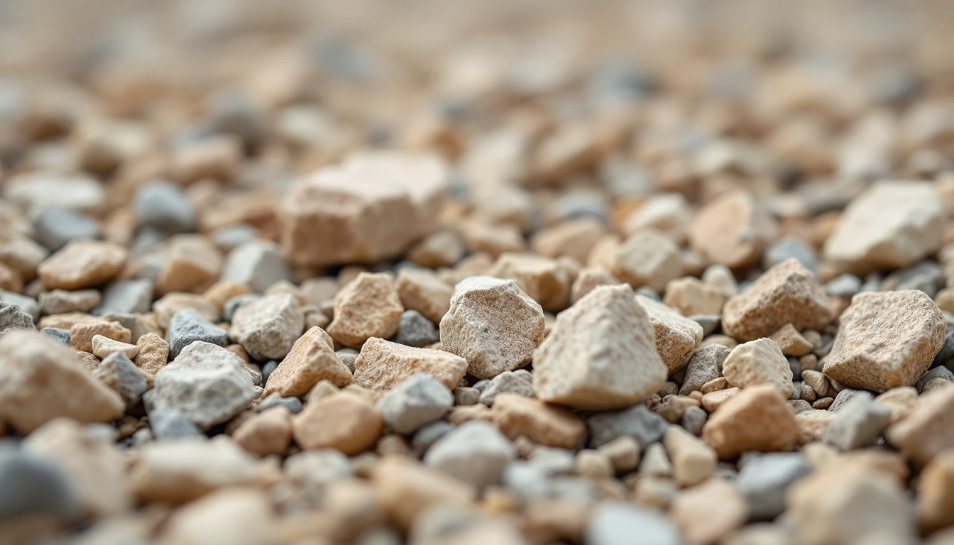 Close view of pale crushed stone aggregate surface