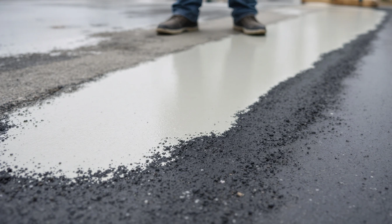 Pale thin coat spreading over dark asphalt under gray sky