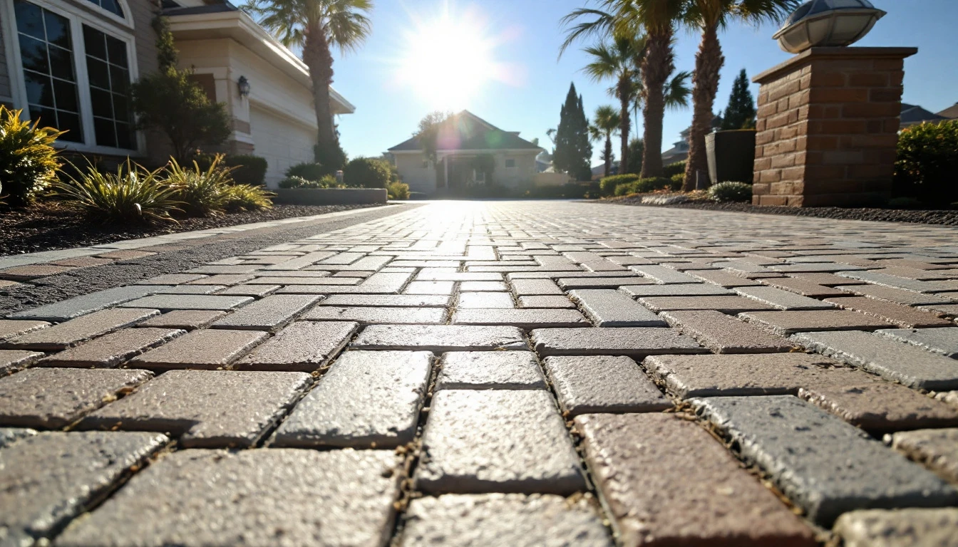 Pale interlocking pavers glaring under harsh midday sunlight